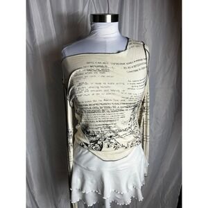 Bershka Womens Cream Script Graphic Long Sleeve Top Exposed Seams Large